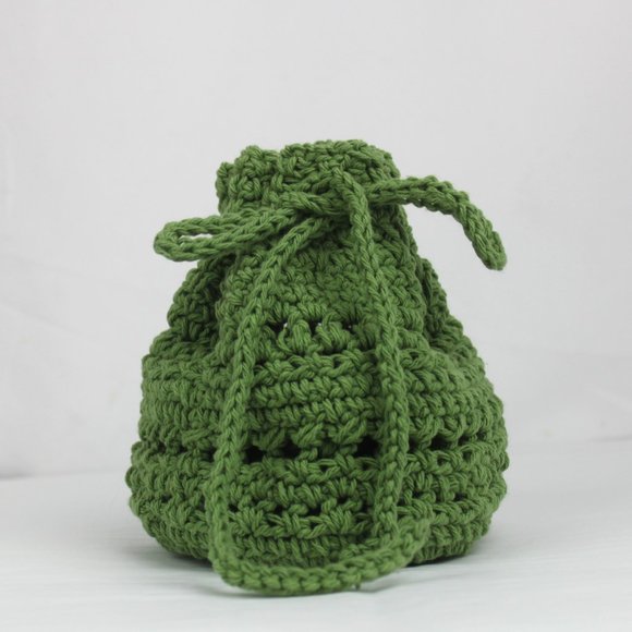 Green Crocheted Drawstring Pouch Bag - Picture 1 of 10